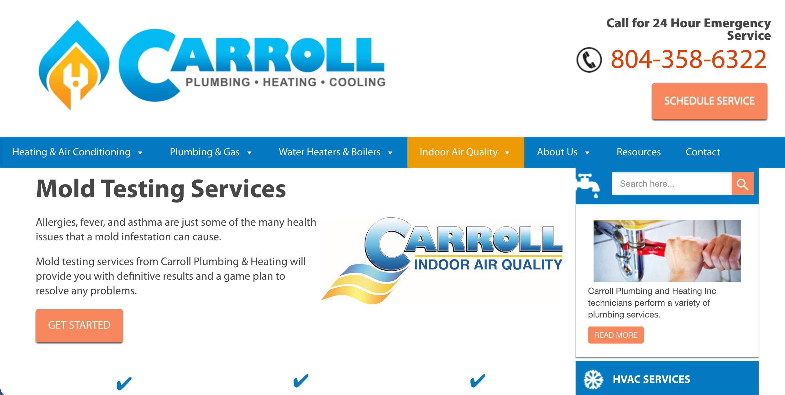 Carroll Plumbing & Heating Mold Testing Services page